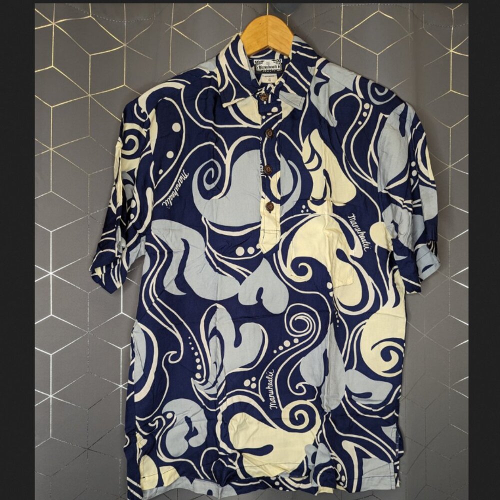 Manuhealii Mens Aloha Pullover Shirt Sz S - Navy/Sky/Cream